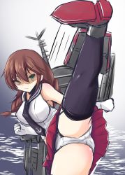 Rule 34 | 10s, 1girl, asymmetrical legwear, braid, breasts, brown hair, gameplay mechanics, gloves, green eyes, highres, kancolle arcade, kantai collection, kicking, large breasts, long hair, looking at viewer, low twintails, machinery, navel, noshiro (kancolle), okatora, panties, pleated skirt, school uniform, serafuku, shaded face, skirt, solo, thighhighs, turret, twin braids, twintails, underwear, uneven legwear, water, white gloves