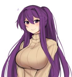 Rule 34 | 1girl, blush, breasts, brown sweater, closed mouth, doki doki literature club, hair intakes, hair ornament, hairclip, heart, highres, huge breasts, long sleeves, looking at viewer, otxoa60, ponytail, purple eyes, purple hair, ribbed sweater, simple background, sketch, smile, solo, sweater, upper body, white background, yuri (doki doki literature club)