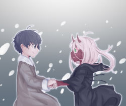 Rule 34 | 10s, 1boy, 1girl, absurdres, black hair, black robe, child, coat, colored skin, darling in the franxx, freon, green eyes, highres, hiro (darling in the franxx), horns, long hair, long sleeves, looking at another, profile, red skin, robe, short hair, silver hair, standing, winter, winter clothes, winter coat, aged down, zero two (darling in the franxx)