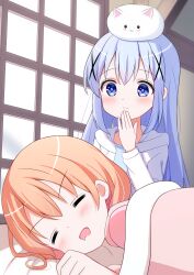 2girls =_= angora_rabbit animal animal_on_head blue_hair blush bright_pupils closed_eyes commentary_request dot_nose drooling eins_9 gochuumon_wa_usagi_desu_ka? hair_between_eyes hair_tie hand_to_own_mouth highres hood hood_down hoodie hoto_cocoa indoors kafuu_chino koi_(koisan)_(style) light_blue_hair long_eyelashes long_hair medium_hair mouth_drool multiple_girls muntins official_alternate_costume on_head orange_hair pink_hoodie rabbit rabbit_on_head sleeping smile tippy_(gochiusa) upper_body variant_available white_hoodie window