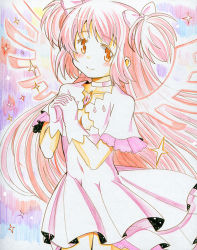 Rule 34 | 10s, 1girl, blush, bow, breasts, choker, cleavage, collarbone, dress, gloves, hair bow, interlocked fingers, kaname madoka, long hair, looking at viewer, mahou shoujo madoka magica, mahou shoujo madoka magica (anime), own hands together, pink hair, short sleeves, small breasts, smile, solo, soul gem, sparkle, standing, takeshisu, traditional media, two side up, ultimate madoka, very long hair, wings