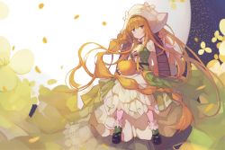 Rule 34 | 1girl, black footwear, brown eyes, character request, closed mouth, dress, expressionless, floating hair, flower, forever 7th capital, full body, green dress, gujianshaonu, hat, hat ornament, highres, juliet sleeves, long hair, long sleeves, looking at viewer, orange hair, petals, puffy sleeves, sash, shoes, solo, very long hair