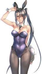 Rule 34 | 1girl, animal ears, black hair, black pantyhose, blush, breasts, brown eyes, collarbone, detached collar, fake animal ears, groin, hair between eyes, highres, holding, holding tray, kantai collection, kokuzou, large breasts, leotard, long hair, looking at viewer, nachi (kancolle), pantyhose, playboy bunny, purple leotard, rabbit ears, side ponytail, simple background, solo, strapless, strapless leotard, tray, white background, wrist cuffs