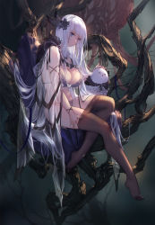Rule 34 | 1girl, absurdres, belt, bird, black cape, black pantyhose, blue eyes, bra, breasts, cape, clothes pull, feather hair ornament, feathers, flower, forest, grey bra, grey panties, hair flower, hair ornament, hand on another&#039;s head, hand on leg, highres, long hair, looking at viewer, nature, original, owl, panties, pantyhose, pantyhose pull, petting, ribbon, see-through, sidelocks, sitting, smile, solo, swd3e2, underwear, very long hair, white hair