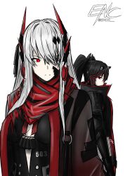 Rule 34 | 2girls, absurdres, artist name, black hair, black jacket, closed mouth, enc, grey hair, hair ornament, hair over one eye, headgear, headphones, highres, inktober, jacket, long hair, long sleeves, lucia: crimson abyss (punishing: gray raven), lucia (punishing: gray raven), multicolored hair, multiple girls, punishing: gray raven, red eyes, red hair, sidelocks, split mouth, twintails, white background