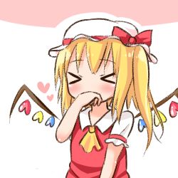 Rule 34 | &gt; &lt;, 1girl, ascot, blonde hair, closed eyes, flandre scarlet, hana kazari, hand to own mouth, hat, hat ribbon, heart, mob cap, ribbon, side ponytail, simple background, solo, touhou, wings