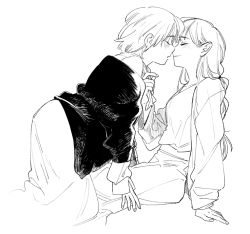 Rule 34 | 2girls, arm support, blush, braid, braided ponytail, breasts, closed eyes, closed mouth, clothes grab, commentary request, dress, dungeon meshi, face-to-face, facing another, falin touden, falin touden (tallman), greyscale, imminent kiss, korean commentary, leaning forward, long hair, long sleeves, marcille donato, medium breasts, monochrome, multiple girls, off shoulder, parted lips, pointy ears, pulling, ramin, sash, short hair, simple background, single braid, sitting, smile, white background, yuri