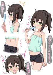 1girl ^^^ black_hair black_shorts blue_camisole blush camisole clothes_pull commentary_request food green_eyes groin hair_between_eyes highres holding holding_food midriff multiple_views navel nose_blush open_mouth original panties panty_pull pink_panties popsicle profile pulling_own_clothes short_shorts shorts shorts_pull side_ponytail simple_background takasuma_hiro translated underwear wavy_mouth white_background