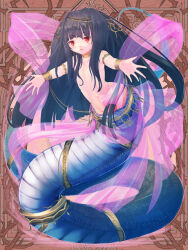 Rule 34 | 1girl, armlet, ayachi pbw, black hair, bracelet, dairoku ryouhei, hair over breasts, jewelry, lamia, long hair, monster girl, navel, official art, outstretched arms, red eyes, solo