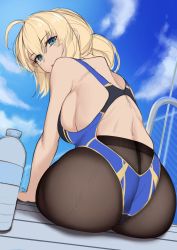 Rule 34 | 1girl, :o, ahoge, alternate breast size, artoria pendragon (all), artoria pendragon (fate), artoria pendragon (swimsuit archer) (fate), ass, blonde hair, blue eyes, blue one-piece swimsuit, blue sky, bottle, breasts, cloud, competition swimsuit, eyebrows, fate/grand order, fate (series), flat color, highres, hirasawa seiji, large breasts, looking at viewer, looking back, one-piece swimsuit, pantyhose, pantyhose under swimsuit, saber (fate), sitting, sketch, sky, swimsuit, unfinished, water bottle