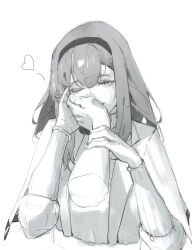 Rule 34 | 1boy, 1girl, arknights, disembodied hand, gandy (gan3e46), greyscale, hairband, hand on another&#039;s cheek, hand on another&#039;s face, heart, highres, holding another&#039;s wrist, monochrome, one eye closed, priestess (arknights), solo focus, white background