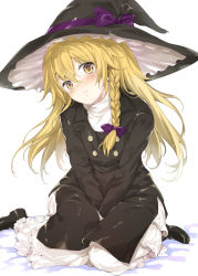 Rule 34 | 1girl, 3:, between legs, blonde hair, bloomers, blush, bow, braid, cookie (touhou), crying, crying with eyes open, frown, full body, hair bow, hand between legs, hat, hat bow, highres, kirisame marisa, lips, long hair, long sleeves, looking at viewer, mutsutake, nokonoko, rei (cookie), ribbon, shoes, side braid, sitting, solo, tears, touhou, underwear, v arms, wariza, witch hat, yellow eyes
