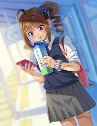 Rule 34 | 1girl, ahoge, backpack, bag, blue necktie, blue scrunchie, blue sweater, blurry, blurry background, brown hair, cellphone, closed mouth, commentary, day, depth of field, dress shirt, drill hair, drinking, drinking straw, dutch angle, grey skirt, holding, holding phone, idolmaster, idolmaster million live!, kamille (vcx68), medium hair, milk carton, miniskirt, necktie, outdoors, phone, pleated skirt, print scrunchie, purple eyes, scrunchie, shirt, side drill, side ponytail, skirt, sleeves rolled up, smartphone, solo, standing, star (symbol), star print, sweater, sweater vest, train station, white scrunchie, white shirt, wing collar, wrist scrunchie, yokoyama nao