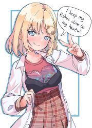 Rule 34 | 1girl, black bra, blonde hair, blue eyes, blush, bra, breast padding, closed mouth, collarbone, collared shirt, cowboy shot, english text, fish, fishbowl, hair ornament, hairclip, head tilt, high-waist skirt, highres, hololive, hololive english, kiirokuma, long sleeves, looking at viewer, open clothes, open shirt, plaid, plaid skirt, red shirt, red skirt, shirt, short hair, skirt, smile, solo, speech bubble, twitter username, two-tone background, unbuttoned, unbuttoned shirt, underwear, v, virtual youtuber, water, watson amelia, watson amelia (1st costume), white background, white shirt
