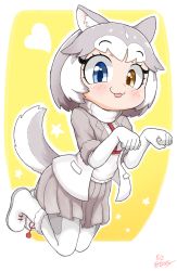 Rule 34 | 1girl, animal ear fluff, animal ears, blue eyes, blush, commentary request, dog (mixed breed) (kemono friends), dog ears, dog tail, elbow gloves, gloves, grey hair, harness, heterochromia, jumping, kemono friends, multicolored hair, nanachii (nanatidayo), paw pose, skirt, tail, tongue, tongue out, two-tone hair, white hair, yellow eyes