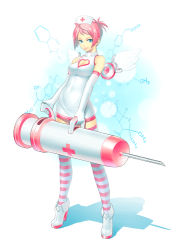 Rule 34 | cleavage cutout, clothing cutout, elbow gloves, gloves, hat, high heels, k+, large syringe, legs, needle, nurse, oversized object, pink hair, shoes, short hair, solo, striped clothes, striped thighhighs, syringe, thighhighs
