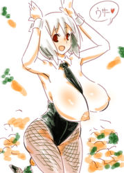 Rule 34 | )(, 1girl, bad id, bad pixiv id, breasts, breasts out, carrot, curvy, fishnet pantyhose, fishnets, huge breasts, kaqo, large breasts, leotard, necktie, nipples, no bra, original, pantyhose, red eyes, short hair, solo, white hair, wrist cuffs
