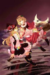 Rule 34 | 2girls, absurdres, alice margatroid, blonde hair, blouse, boots, bow, box, braid, broom, broom riding, capelet, cloud, crescent moon, gift, gift box, hairband, hat, hat bow, highres, kirisame marisa, kneehighs, long hair, long sleeves, moon, multiple girls, multiple riders, night, night sky, open mouth, pointing, reindeer, shanghai doll, shirt, shoes, short hair, side braid, silhouette, sitting, skirt, sky, sleigh, smile, socks, star (symbol), sweater vest, tansuan zhanshi, torii, touhou, turtleneck, witch hat, yellow eyes