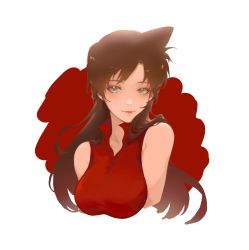 Rule 34 | 1girl, absurdres, blue eyes, breasts, brown hair, closed mouth, cropped arms, cropped torso, highres, kaibab, large breasts, long hair, looking at viewer, meitantei conan, mouri ran, red shirt, shirt, simple background, sleeveless, sleeveless shirt, smile, solo, very long hair, white background