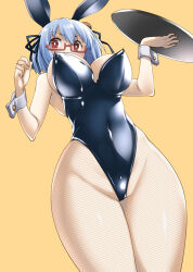 Rule 34 | 1girl, animal ears, bare shoulders, blue hair, blue leotard, blush, borrowed character, breasts, burger hair ornament, commentary request, covered erect nipples, covered navel, fake animal ears, fishnet pantyhose, fishnets, food-themed hair ornament, from below, glasses, hair ornament, hamburger-chan (hundredburger), highres, hisakawa chin, holding, holding tray, leotard, looking at viewer, looking down, medium breasts, original, pantyhose, playboy bunny, rabbit ears, red-framed eyewear, semi-rimless eyewear, solo, strapless, strapless leotard, tray, wrist cuffs, yellow background