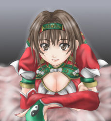Rule 34 | 1041 (toshikazu), 1girl, alternate costume, breasts, brown eyes, brown hair, chai xianghua, cleavage, hairband, looking at viewer, lowres, lying, on stomach, smile, solo, soul calibur, soulcalibur ii