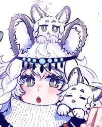 Rule 34 | 1girl, animal, animal ear fluff, animal ears, animal on head, arknights, blush, bokiboki333, braid, chestnut mouth, commentary, grey eyes, hair between eyes, hand up, leopard ears, on head, open mouth, portrait, pramanix (arknights), simple background, solo, teeth, thick eyebrows, turtleneck, twin braids, upper teeth only, white background, white hair