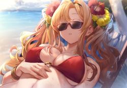 Rule 34 | 1girl, bare shoulders, beach, beach chair, bikini, blonde hair, bracelet, breasts, cleavage, closed eyes, collarbone, day, flower, granblue fantasy, hair flower, hair intakes, hair ornament, hairband, hibiscus, jewelry, large breasts, long hair, looking at viewer, navel, o-ring, parted lips, red bikini, sleeping, sola (solo0730), solo, sunglasses, sunlight, swimsuit, tinted eyewear, twintails, zeta (granblue fantasy), zeta (summer) (granblue fantasy)