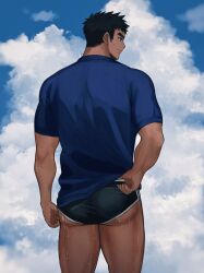 Rule 34 | 1boy, absurdres, ass, bara, black shorts, cloud, cloudy sky, dark-skinned male, dark skin, feet out of frame, finger under clothes, from behind, highres, large pectorals, long sideburns, looking to the side, louis tjxx, male focus, male swimwear pull, micro shorts, muscular, muscular male, original, pectorals, short hair, short shorts, shorts, sideburns, sky, solo, standing, sweat, thick eyebrows, thighs, turning head, very sweaty, wet