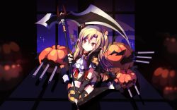 Rule 34 | 1girl, azur lane, blonde hair, cannon, cleveland (azur lane), cleveland (reaper fever) (azur lane), full body, gloves, hair between eyes, hair ornament, highres, ioniccrystal, night, night sky, pointy ears, pumpkin, red eyes, scythe, sitting, sky, smile, solo, thighhighs, twintails