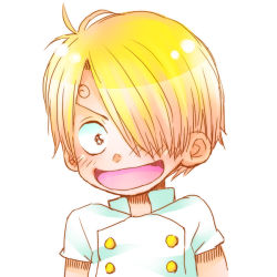 Rule 34 | 1boy, aged down, blonde hair, brown eyes, child, east blue, hair over one eye, male focus, one piece, open mouth, sanji (one piece), simple background, smile, solo, white background