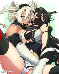Rule 34 | 10s, 2girls, bare shoulders, blush, covering another&#039;s mouth, dark-skinned female, dark skin, elbow gloves, gagged, gloves, gradient background, groping, hand gagged, hand over another&#039;s mouth, hand over another's mouth, hand under clothes, headgear, ikeshita moyuko, kantai collection, leg lock, long hair, multiple girls, musashi (kancolle), musashi kai (kancolle), nagato (kancolle), panties, pointy hair, restrained, tears, translation request, underwear, yuri