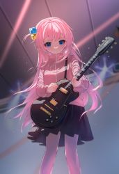 Rule 34 | 1girl, black skirt, blue eyes, blush, bocchi the rock!, cube hair ornament, electric guitar, feet out of frame, floating hair, gibson les paul, gotoh hitori, guitar, cube hair ornament, hair ornament, holding, holding instrument, holding plectrum, indoors, instrument, jacket, light particles, long hair, music, one side up, pants, pants under skirt, pink hair, pink jacket, pink pants, pink track suit, playing instrument, plectrum, skirt, solo, stage lights, track jacket, yueying su meng ling