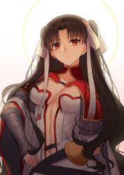 Rule 34 | 1girl, black hair, bracer, breasts, capelet, center opening, cleavage, closed mouth, collarbone, commentary, cosplay, earrings, fate/grand order, fate (series), hair ribbon, ishtar (fate), jewelry, long hair, looking at viewer, martha (fate), martha (fate) (cosplay), medium breasts, navel, parted bangs, red eyes, ribbon, solo, two side up, upper body, white background, yaoshi jun