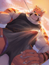 Rule 34 | 1boy, absurdres, animal ears, bara, black sclera, black tank top, bulge, colored sclera, cowboy shot, cum, cum in clothes, cum through clothes, cumdrip, erection, erection under clothes, foreshortening, from below, furry, furry male, highres, horns, large hands, large pectorals, looking at viewer, looking down, male focus, meme, muscular, muscular male, nipple slip, nipples, onlybwg3, orange fur, original, pectoral cleavage, pectorals, seductive smile, short hair, short shorts, shorts, sidepec, smile, solo, taker pov, tank top, thick eyebrows, thighs, tiger boy, tiger ears, upper body, white fur, yur oc like this (meme)