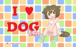 1girl animal_ears bloomers blush brown_eyes brown_hair checkered_background collarbone dog_ears dog_girl dog_tail flat_chest green_socks heart hosokawa_fujiemon loli looking_at_viewer looking_to_the_side open_mouth original shirt short_hair sitting smile socks striped_clothes striped_socks stuffed_animal stuffed_rabbit stuffed_toy tail tank_top underwear white_bloomers white_shirt