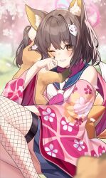 Rule 34 | 1girl, absurdres, animal, animal ear fluff, animal ears, animal hug, blue archive, blurry, brown eyes, brown hair, cherry blossoms, colored inner animal ears, commentary, depth of field, falling flower, floral print kimono, fox, fox ears, fox girl, fox mask, fox tail, halo, highres, izuna (blue archive), japanese clothes, kimono, knee up, looking at viewer, mask, neckerchief, one eye closed, one side up, outdoors, parted lips, pink halo, pink kimono, pink neckerchief, seo garam, shirt, single fishnet legwear, sleeveless, smile, solo, tail, white shirt, wide sleeves