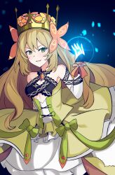 Rule 34 | 1girl, absurdres, bare shoulders, blonde hair, bow, breasts, butterfly hair ornament, celine (fire emblem), cleavage, crown, detached sleeves, dress, dress bow, fire emblem, fire emblem engage, flower, glowing finger, green bow, green eyes, hair flower, hair ornament, highres, jewelry, kgctcg, long hair, looking at viewer, medium breasts, nintendo, open mouth, orange bow, ring, smile, solo, twitter username, very long hair, wrist bow, yellow dress