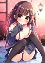 Rule 34 | 1girl, ahoge, bare shoulders, bed sheet, black jacket, blue bow, blue one-piece swimsuit, blue skirt, blurry, blurry background, blush, bow, breasts, brown hair, brown thighhighs, cleavage, closed mouth, clothes pull, commentary request, depth of field, feet out of frame, hair between eyes, hair bow, hair censor, hair ornament, hair over breasts, hairclip, hanamiya natsuka, jacket, large breasts, long hair, off shoulder, one-piece swimsuit, one-piece swimsuit pull, open clothes, open jacket, original, plaid, plaid skirt, pleated skirt, red bow, red eyes, school swimsuit, skirt, smile, solo, swimsuit, swimsuit under clothes, thighhighs, two side up, very long hair, wall lamp