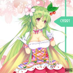 Rule 34 | 1girl, ahoge, breasts, character name, cherry, cherry blossoms, cherry print, cleavage, detached collar, dress, flower, flower knight girl, food, food print, fruit, gloves, green hair, hair flower, hair ornament, large breasts, long hair, name connection, object namesake, pink eyes, sakuranbo (flower knight girl), solo, suzume (simple0091), white gloves
