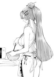 Rule 34 | 1girl, apron, ass, back, blush, breasts, commentary, commission, cooking, cowboy shot, english commentary, frolaytia capistrano, from behind, greyscale, hair bun, heavy object, high ponytail, highres, long hair, medium breasts, monochrome, narrow waist, nearly naked apron, no bra, norman maggot, panties, side-tie panties, sideboob, sidelocks, single hair bun, solo, standing, thong, underwear, very long hair
