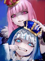 Rule 34 | 2girls, absurdres, blue eyes, crown, finger in own mouth, fingernails, gawr gura, glowing, glowing eyes, grin, head tilt, highres, hololive, hololive english, hood, hood up, king (vocaloid), long hair, long sleeves, looking at viewer, mile (off8mile), mori calliope, multicolored hair, multiple girls, nail polish, pink eyes, pink hair, red nails, sharp teeth, signature, smile, streaked hair, teeth, virtual youtuber, vocaloid, white hair, wide-eyed