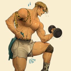 Rule 34 | 1boy, animal print, blonde hair, bulge, chest hair, chris sdd, commentary, cowboy shot, exercising, grey shorts, highres, holding, jujutsu kaisen, leopard print, male focus, male pubic hair, muscular, muscular male, nanami kento, necktie, open mouth, pubic hair, short hair, shorts, solo, sunglasses, sweat, symbol-only commentary, teeth, upper teeth only, veins, veiny arms, weightlifting, weights, yellow necktie