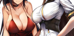 Rule 34 | 2girls, azur lane, bad id, bad pixiv id, belko, black hair, breasts, brown hair, choker, cleavage, closed mouth, collarbone, commentary request, corset, covered navel, dress, gloves, hand on own hip, head out of frame, large breasts, long hair, multiple girls, official alternate costume, phantom of the kill, red choker, red dress, short sleeves, simple background, sleeveless, sleeveless dress, smile, solomon (phantom of the kill), spaghetti strap, strap gap, taihou (azur lane), taihou (forbidden feast) (azur lane), upper body, very long hair, white background, white gloves