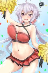 Rule 34 | 1girl, ahoge, arm up, bare shoulders, blue background, blush, bouncing breasts, breasts, cheerleader, cleavage, collarbone, commentary request, confetti, covered erect nipples, cowboy shot, criss-cross halter, crop top, groin, hair between eyes, halterneck, highres, holding, holding pom poms, large breasts, long hair, looking at viewer, low twintails, midriff, miniskirt, navel, open mouth, pleated skirt, pom pom (cheerleading), pom poms, purple eyes, purple hair, r-binon, red shirt, red skirt, scrunchie, senki zesshou symphogear, shirt, sidelocks, simple background, skirt, sleeveless, sleeveless shirt, solo, squiggle, standing, sweat, twintails, very long hair, yukine chris