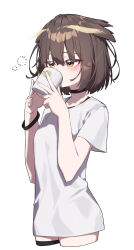 Rule 34 | 1girl, absurdres, arknights, beudelb, black choker, blush, breasts, brown eyes, brown hair, choker, collarbone, commentary, cropped legs, cup, hair between eyes, half-closed eyes, hands up, highres, holding, holding cup, mug, shirt, short sleeves, silence (arknights), simple background, small breasts, solo, white background, white shirt
