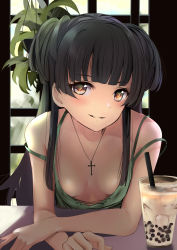 Rule 34 | 1girl, bare shoulders, black hair, blush, breasts, brown eyes, bubble tea, cleavage, cross, cross necklace, downblouse, drink, drinking straw, highres, idolmaster, idolmaster shiny colors, indoors, jewelry, long hair, looking at viewer, mayuzumi fuyuko, medium breasts, necklace, no bra, parted lips, plant, schreibe shura, sitting, solo, two side up, upper body