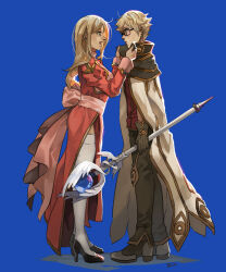 Rule 34 | 1boy, 1girl, adjusting another&#039;s clothes, black-framed eyewear, black footwear, blonde hair, blue background, blue eyes, bow, brown capelet, brown gloves, brown pants, cape, capelet, commentary request, cross, dated commentary, dress, full body, glasses, gloves, grey footwear, high heels, high priest (ragnarok online), holding, holding staff, juliet sleeves, long hair, long sleeves, looking at another, mage staff, open mouth, pants, pink bow, pink sash, profile, puffy sleeves, ragnarok online, red dress, red shirt, sash, shirt, shoes, short hair, simple background, staff, standing, thighhighs, white cape, white thighhighs, wizard (ragnarok online), z.i