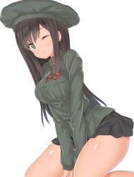 Rule 34 | 1girl, a9b (louis814), absurdres, animal ears, between legs, breasts, brown hair, federica n. doglio, green eyes, hand between legs, highres, jacket, leaning forward, lips, long hair, looking at viewer, medium breasts, military, military jacket, military uniform, miniskirt, one eye closed, pleated skirt, shiny skin, simple background, sitting, skirt, solo, strike witches, strike witches: kurenai no majo-tachi, uniform, world witches series