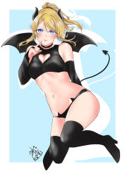Rule 34 | 10s, 1girl, akira miku ver, arm behind back, ayase eli, black panties, blonde hair, blue background, blue eyes, blush, border, breasts, cleavage, cleavage cutout, clothing cutout, demon horns, demon tail, demon wings, eyes visible through hair, finger to mouth, full body, hair between eyes, high heels, highres, horns, long hair, looking at viewer, love live!, love live! school idol project, medium breasts, navel, outside border, panties, parted lips, pointy ears, ponytail, signature, simple background, smile, solo, stomach, tail, thighhighs, underwear, white background, white border, wings
