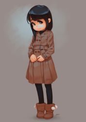Rule 34 | 1girl, alkemanubis, black hair, black pantyhose, blue eyes, boots, coat, commentary, full body, highres, long hair, looking at viewer, original, pantyhose, signature, simple background, smile, solo